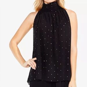 Vince Camuto Gilded Diamond Print Mock Neck Blouse In Rich Black